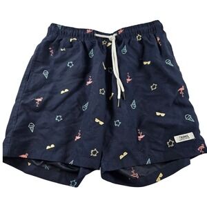 Trunks Surf & Swim Co Swim Trunks Men's Small Navy-Blue Embroidered Flamingo
